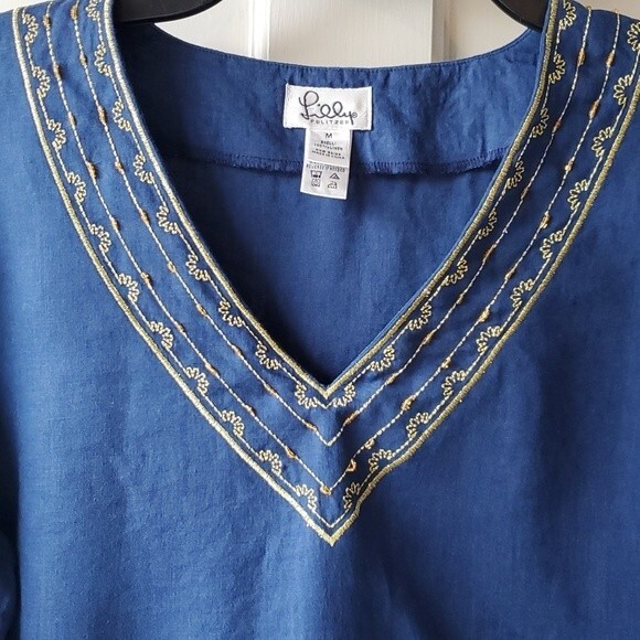 LILLY PULITZER NAVY BLUE GOLD BEADED LINEN TUNIC SIZE MEDIUM - Picture 3 of 10
